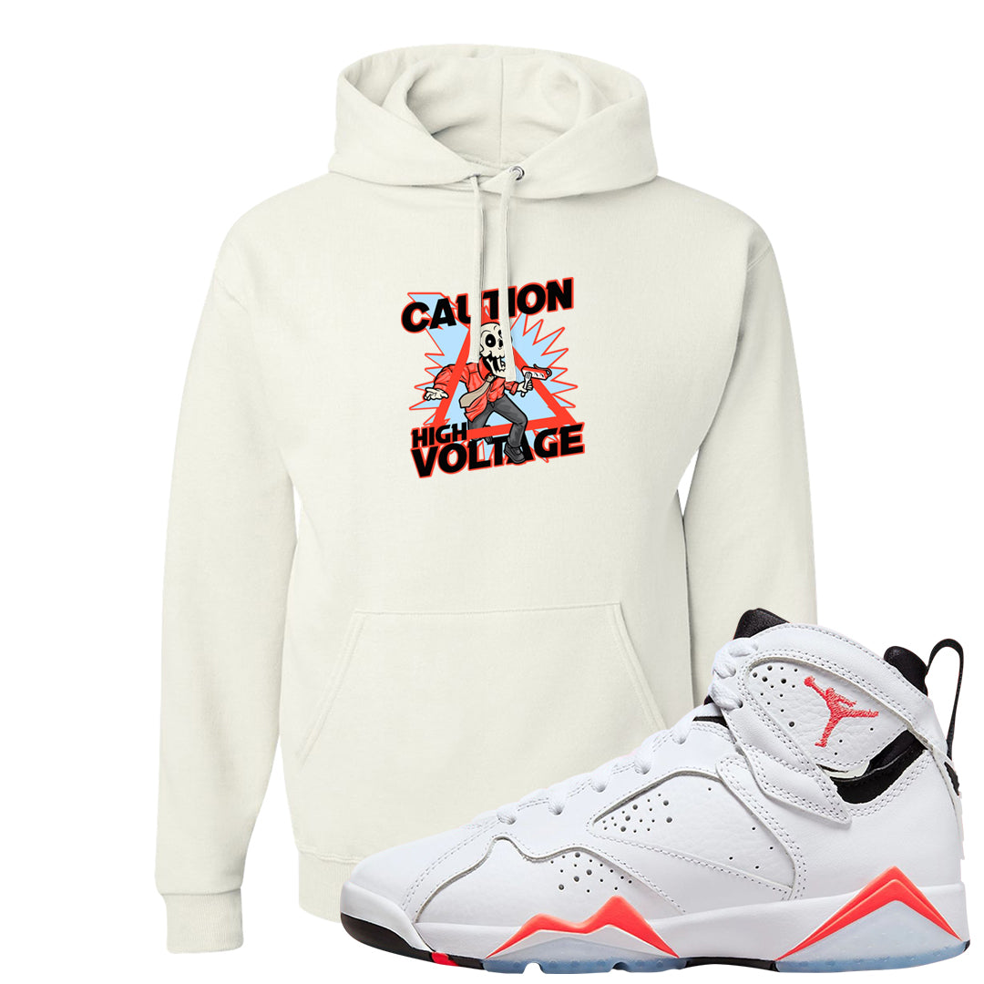 White Infrared 7s Hoodie | Caution High Voltage, White