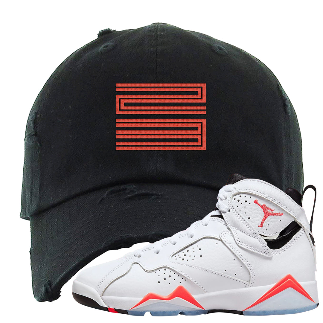 White Infrared 7s Distressed Dad Hat | Double Line 23, Black