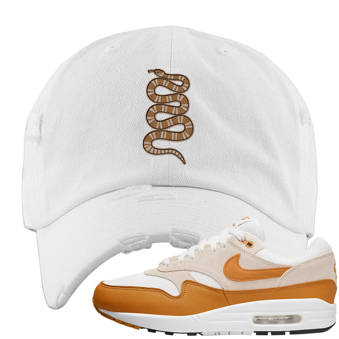 Bronze 1s Distressed Dad Hat | Coiled Snake, White