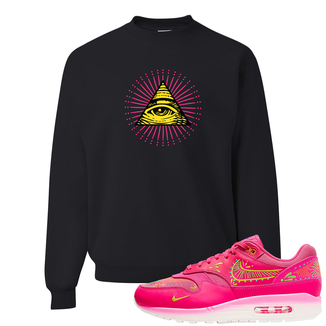 Familia Hyper Pink 1s Crewneck Sweatshirt | All Seeing Eye, Black