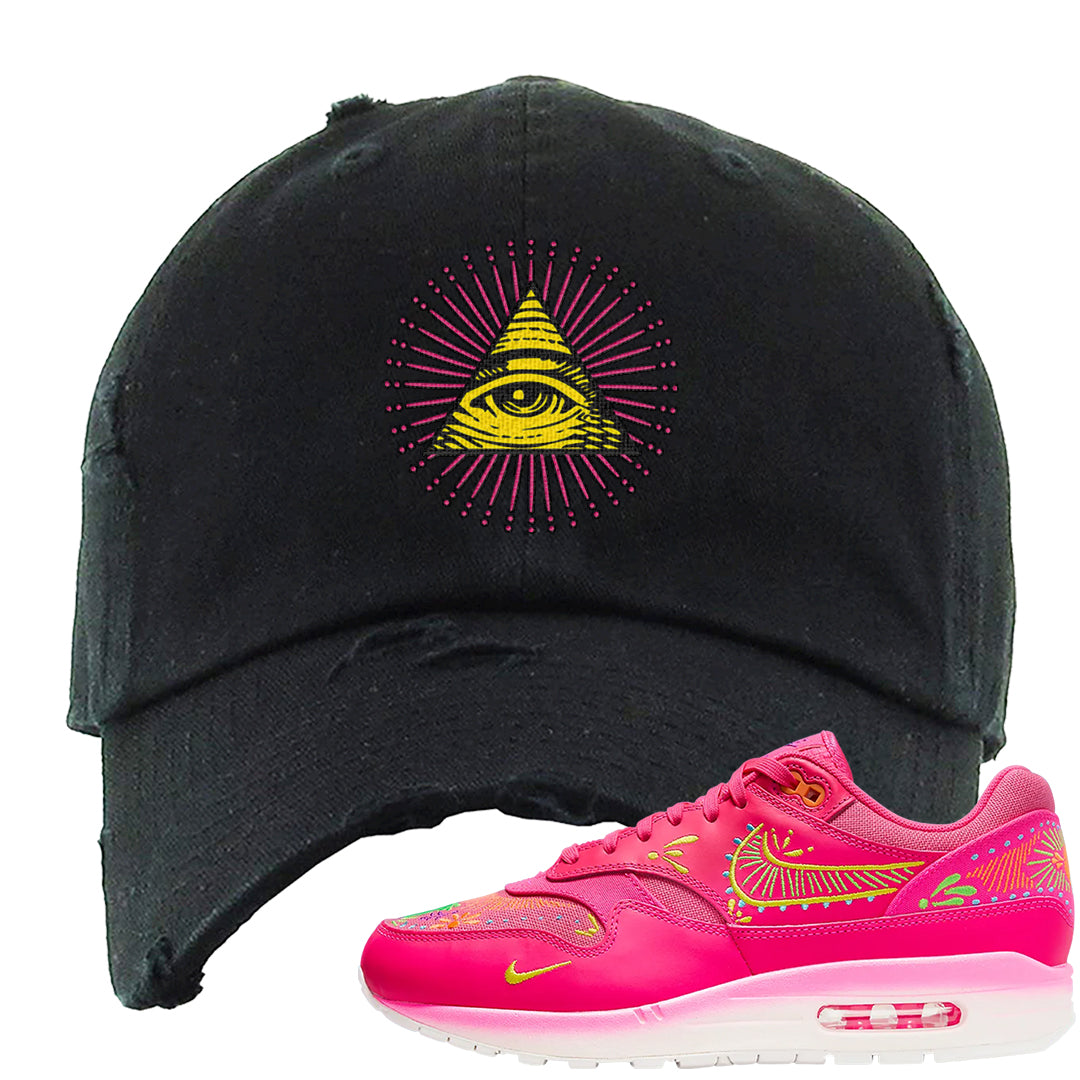 Familia Hyper Pink 1s Distressed Dad Hat | All Seeing Eye, Black