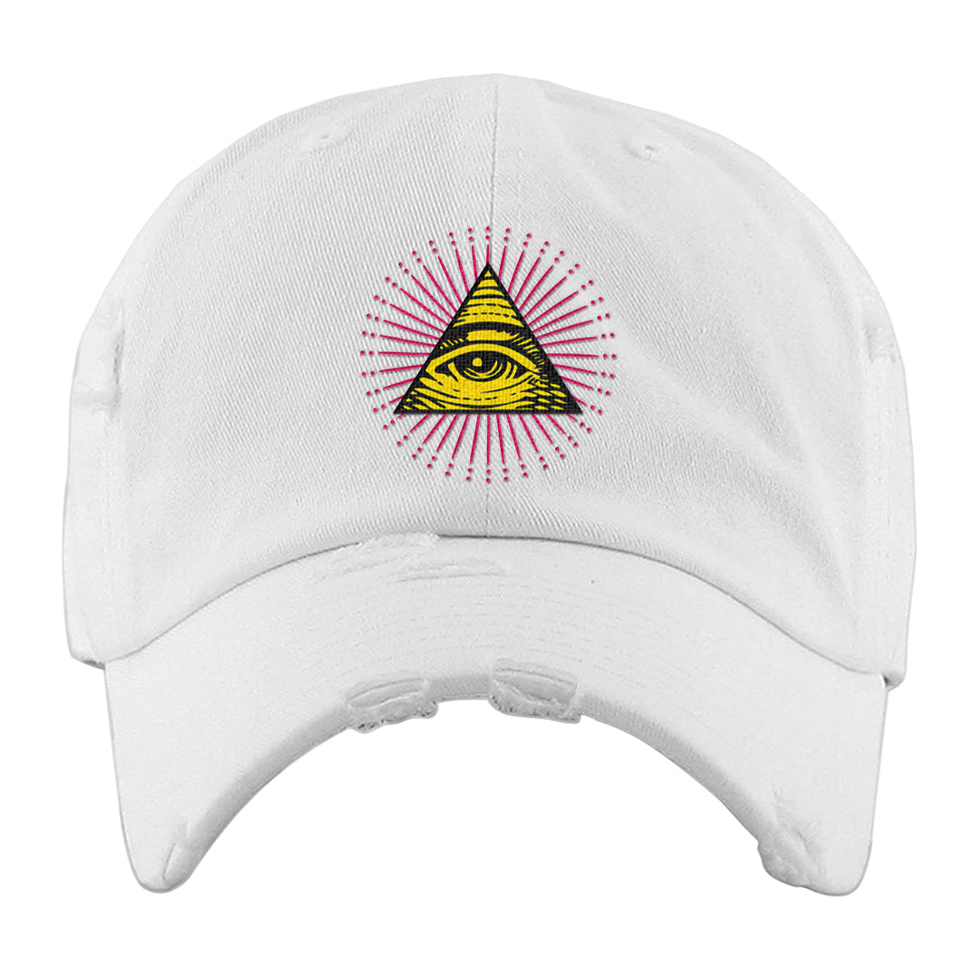 Familia Hyper Pink 1s Distressed Dad Hat | All Seeing Eye, White