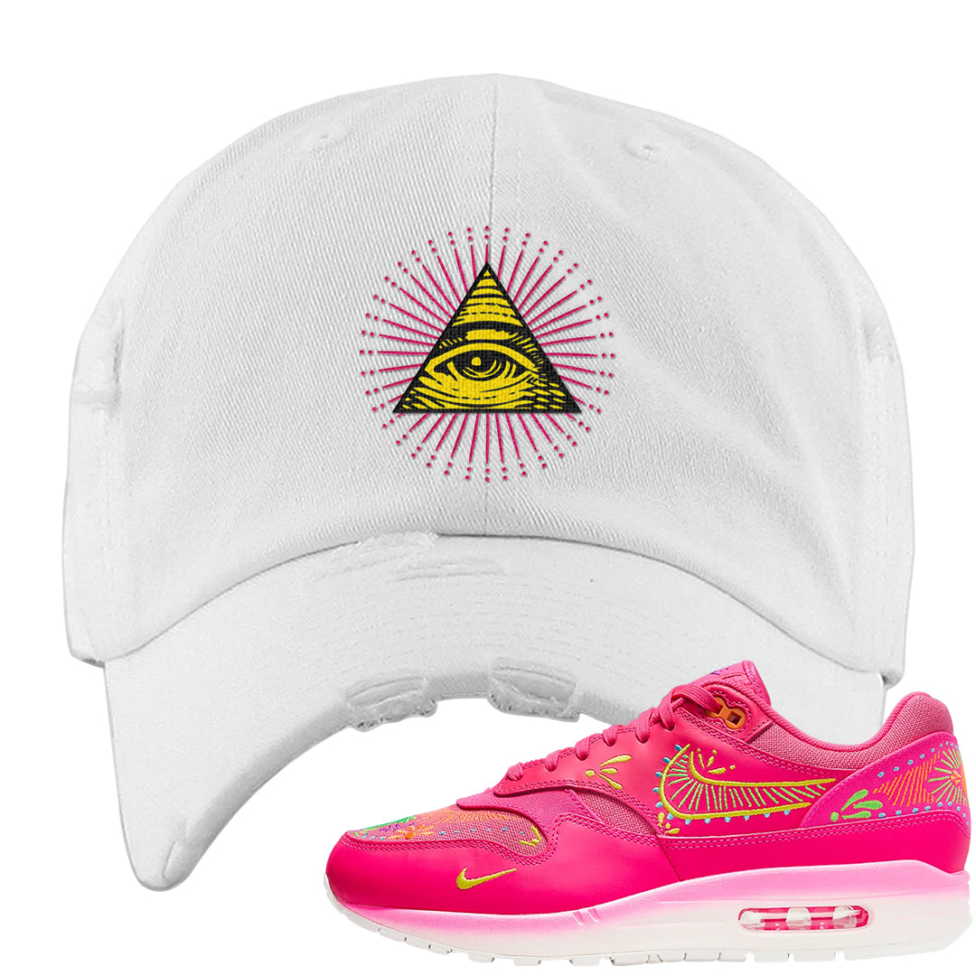 Familia Hyper Pink 1s Distressed Dad Hat | All Seeing Eye, White