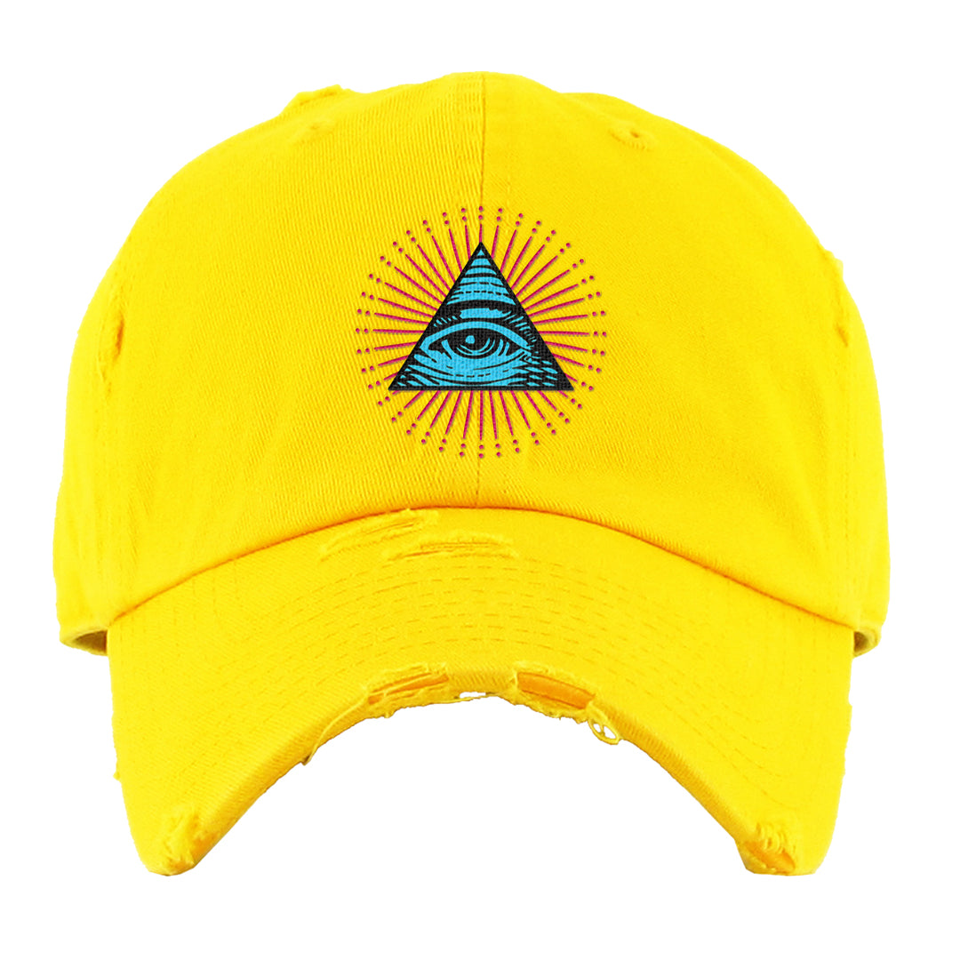 Familia Hyper Pink 1s Distressed Dad Hat | All Seeing Eye, Yellow