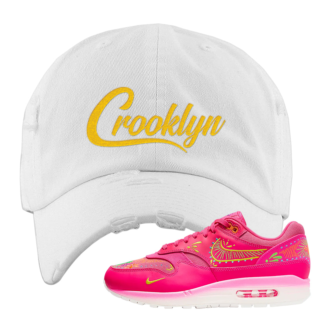 Familia Hyper Pink 1s Distressed Dad Hat | Crooklyn, White