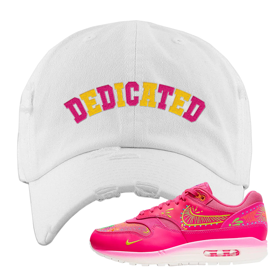 Familia Hyper Pink 1s Distressed Dad Hat | Dedicated, White