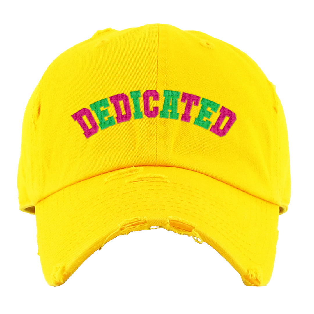 Familia Hyper Pink 1s Distressed Dad Hat | Dedicated, Yellow