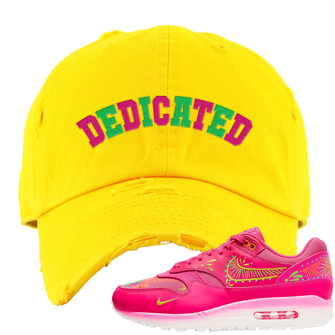 Familia Hyper Pink 1s Distressed Dad Hat | Dedicated, Yellow