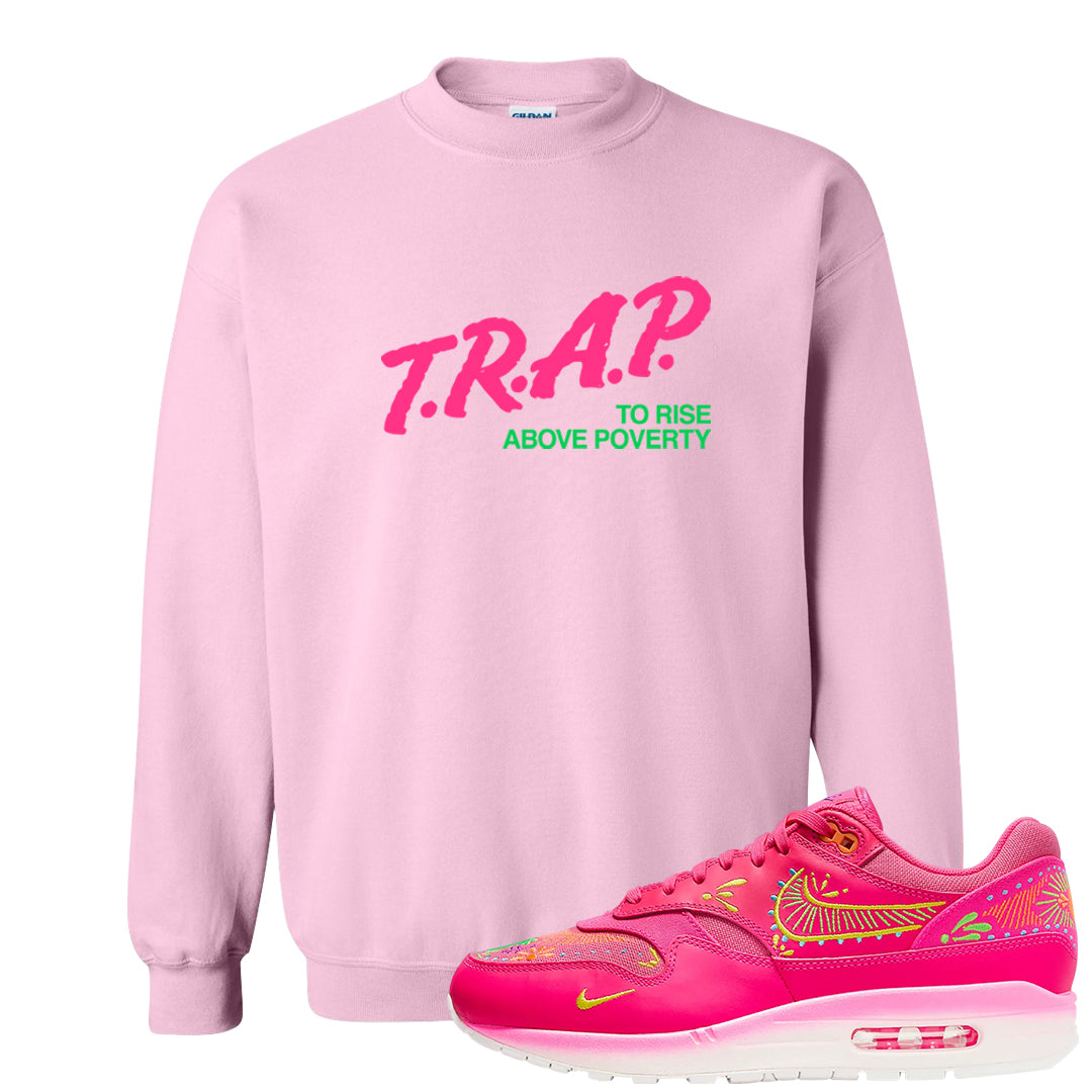 Familia Hyper Pink 1s Crewneck Sweatshirt | Trap To Rise Above Poverty, Light Pink