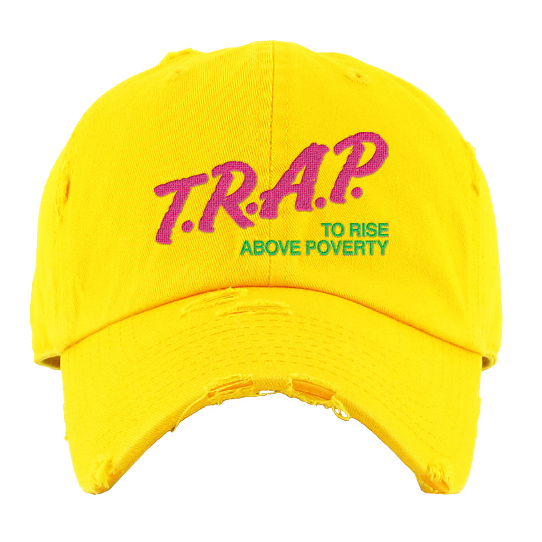 Familia Hyper Pink 1s Distressed Dad Hat | Trap To Rise Above Poverty, Yellow