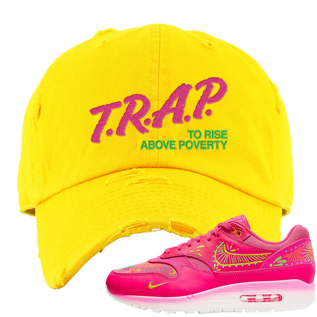 Familia Hyper Pink 1s Distressed Dad Hat | Trap To Rise Above Poverty, Yellow