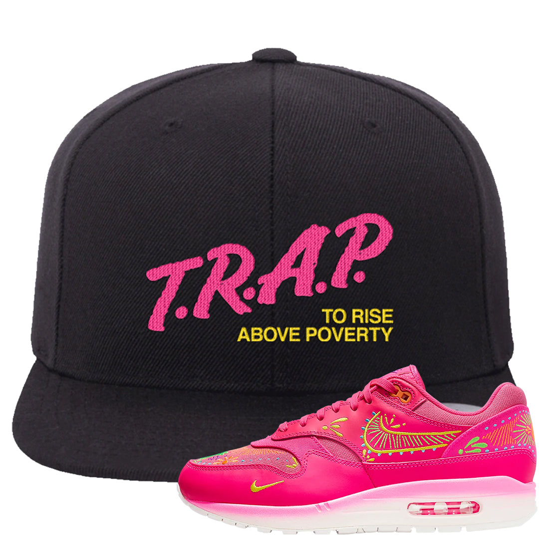 Familia Hyper Pink 1s Snapback Hat | Trap To Rise Above Poverty, Black