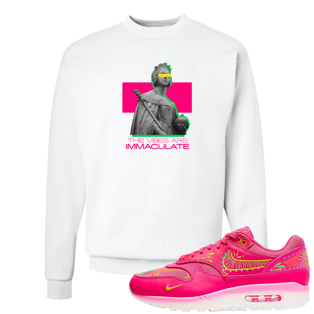 Familia Hyper Pink 1s Crewneck Sweatshirt | The Vibes Are Immaculate, White