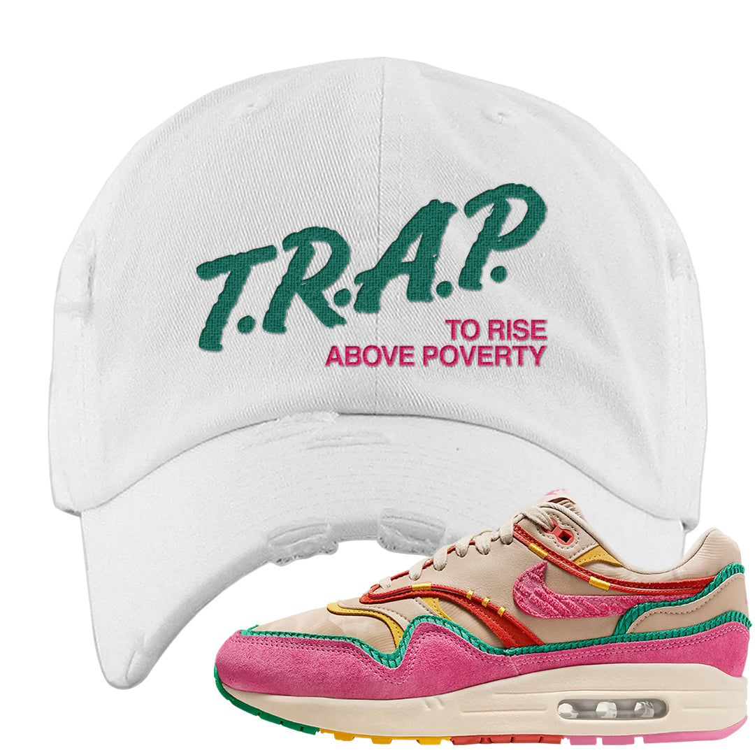 Familia 1s Distressed Dad Hat | Trap To Rise Above Poverty, White
