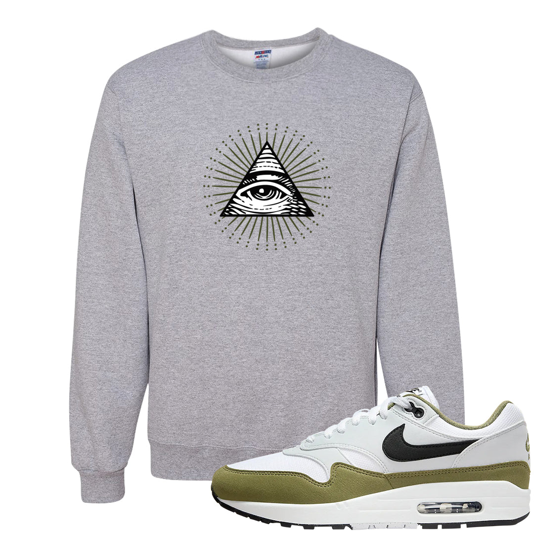 Medium Olive 1s Crewneck Sweatshirt | All Seeing Eye, Ash