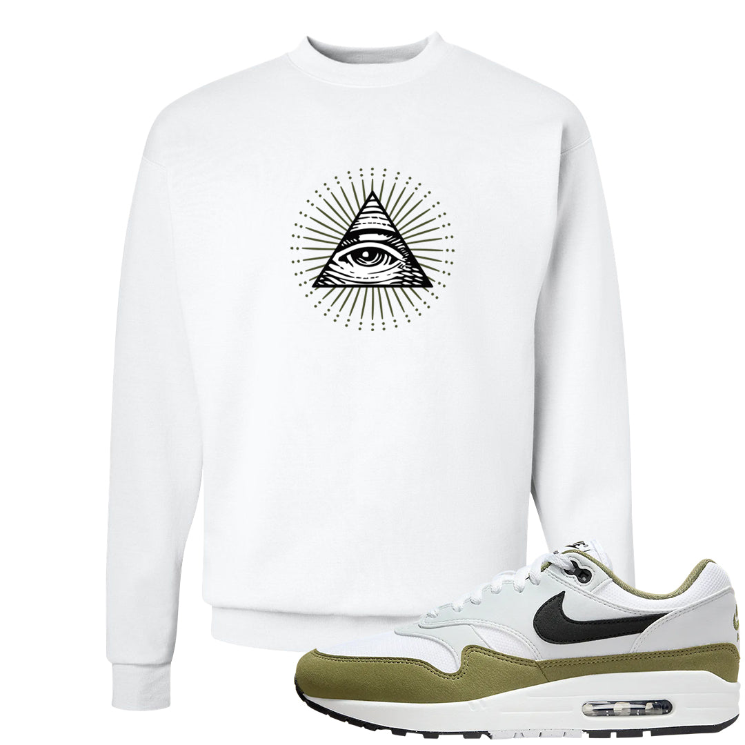 Medium Olive 1s Crewneck Sweatshirt | All Seeing Eye, White