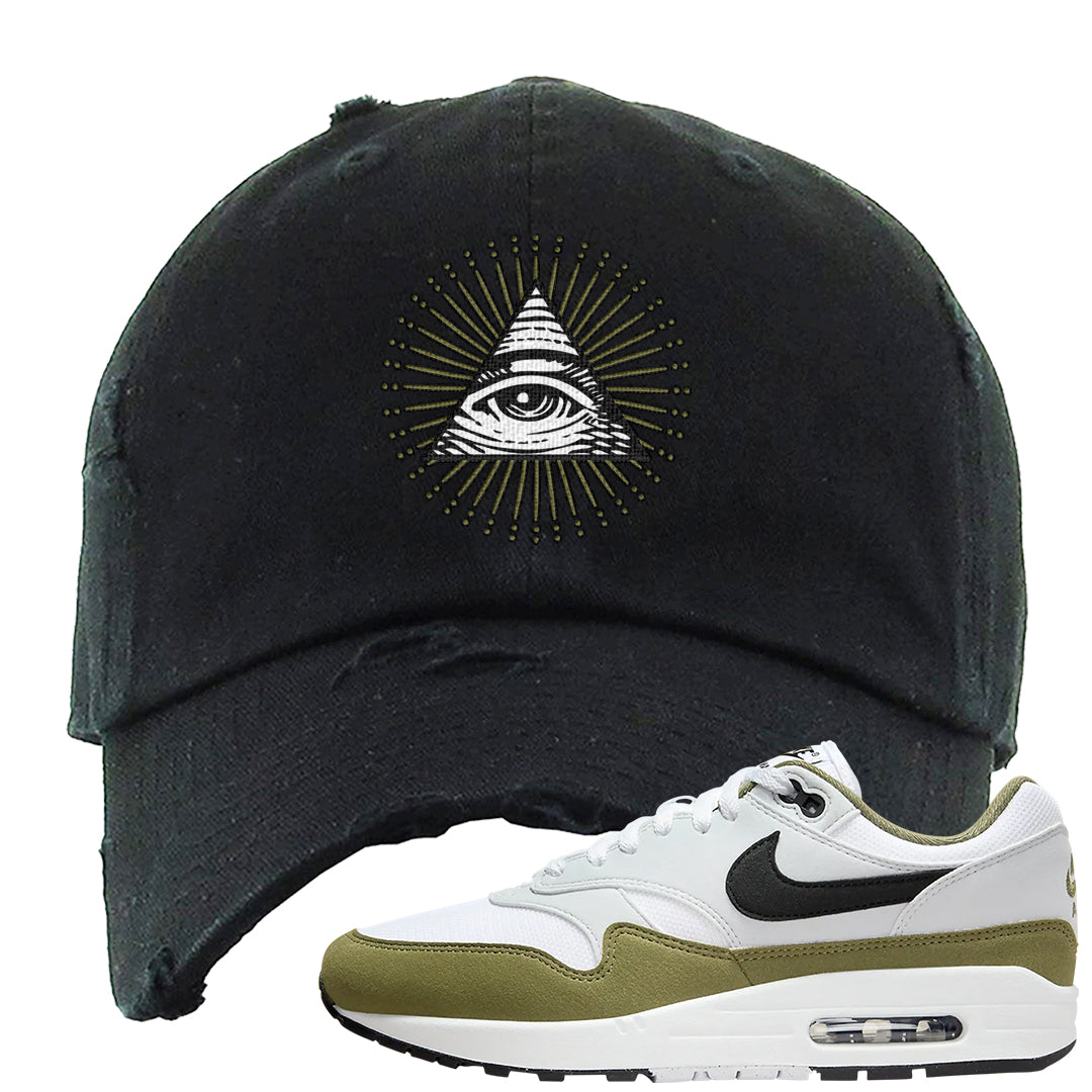 Medium Olive 1s Distressed Dad Hat | All Seeing Eye, Black