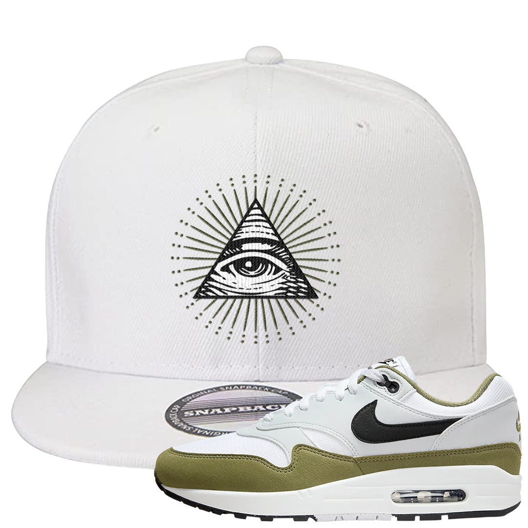 Medium Olive 1s Snapback Hat | All Seeing Eye, White