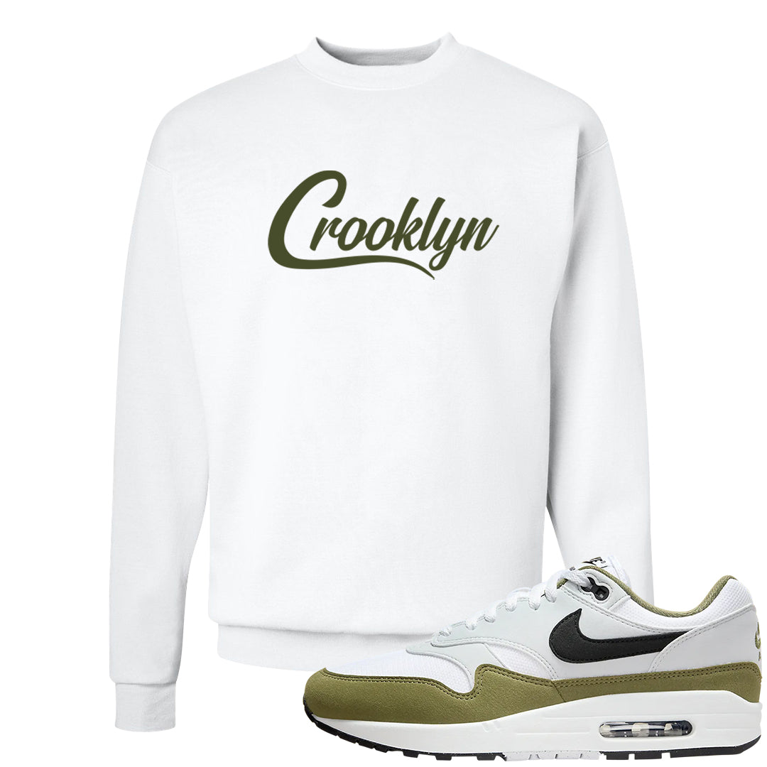 Medium Olive 1s Crewneck Sweatshirt | Crooklyn, White