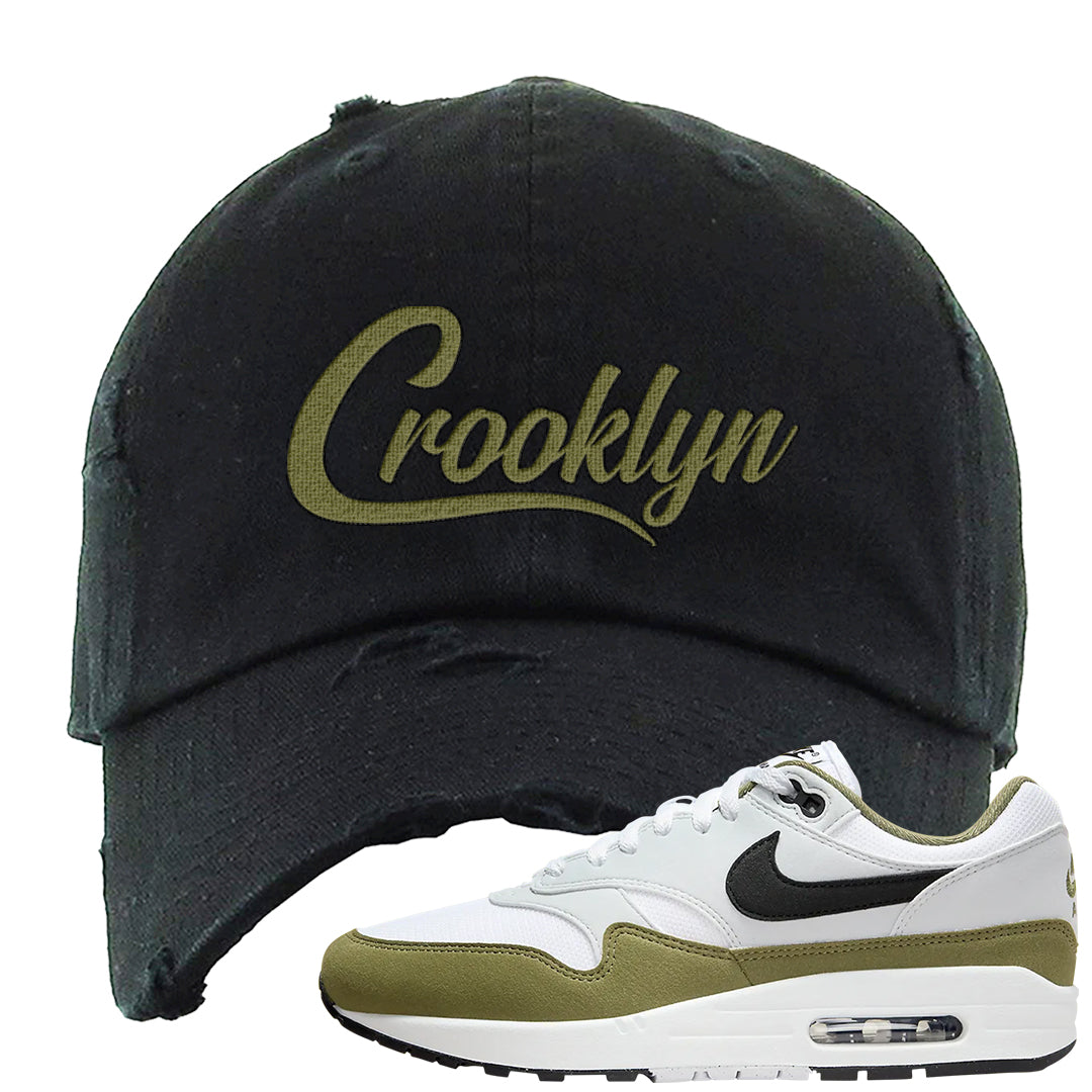 Medium Olive 1s Distressed Dad Hat | Crooklyn, Black