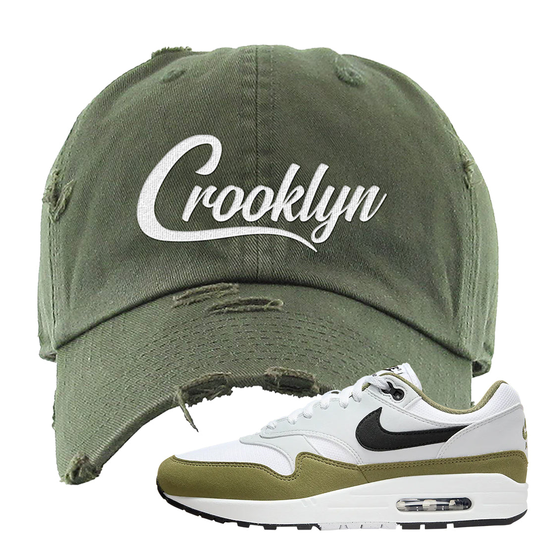 Medium Olive 1s Distressed Dad Hat | Crooklyn, Olive