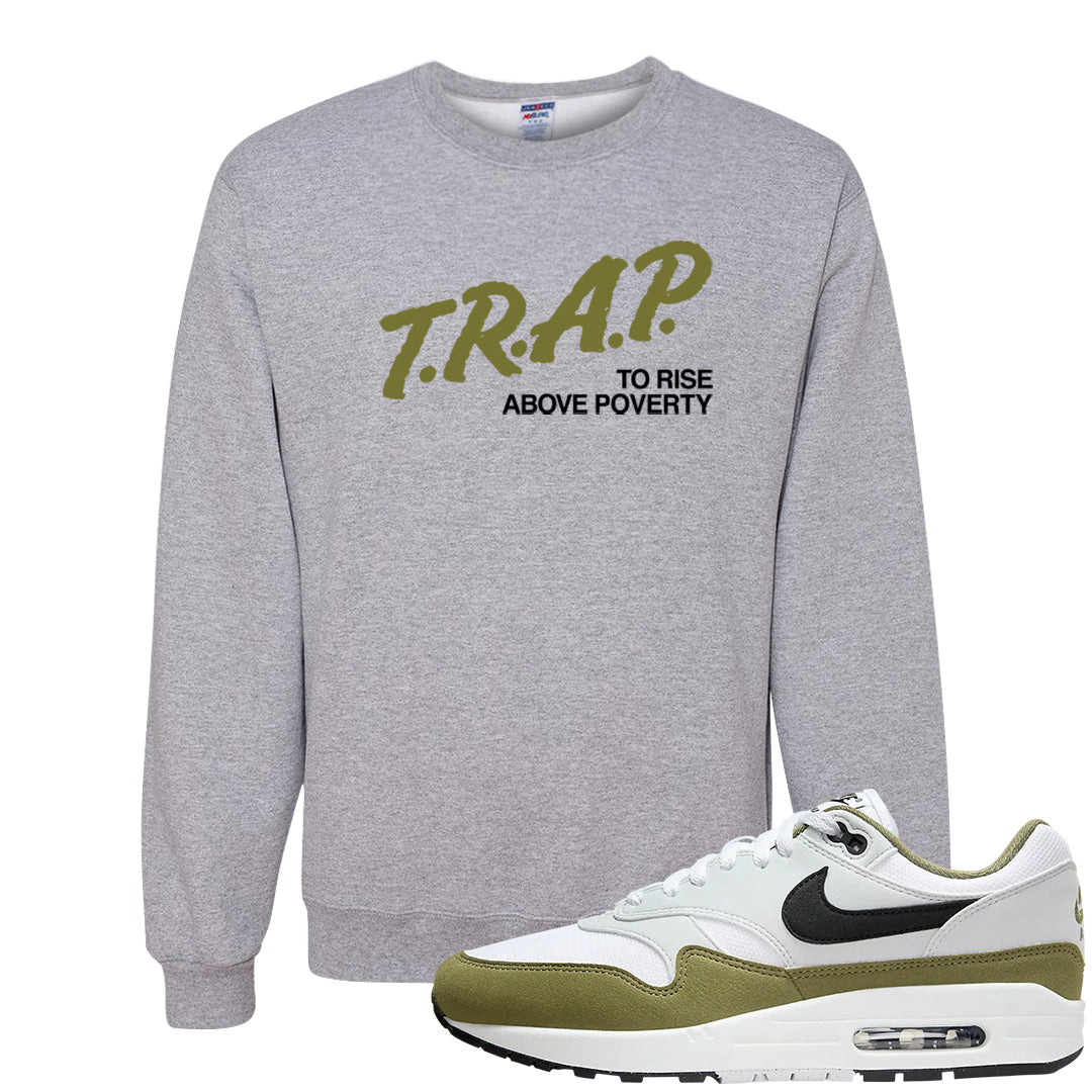 Medium Olive 1s Crewneck Sweatshirt | Trap To Rise Above Poverty, Ash