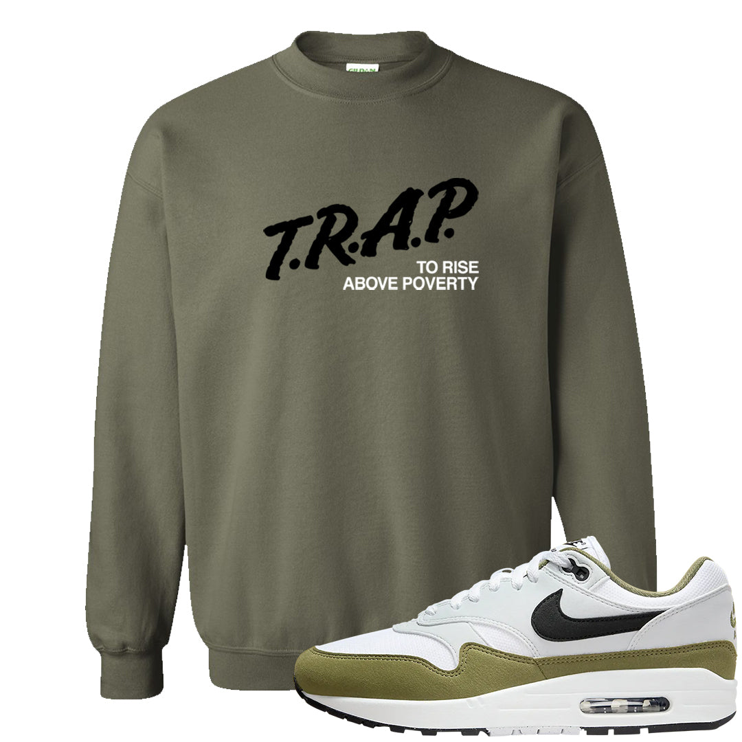 Medium Olive 1s Crewneck Sweatshirt | Trap To Rise Above Poverty, Military Green