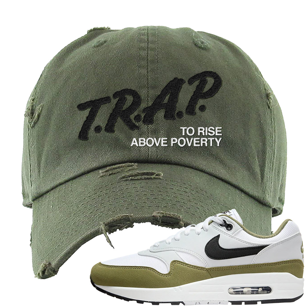 Medium Olive 1s Distressed Dad Hat | Trap To Rise Above Poverty, Olive