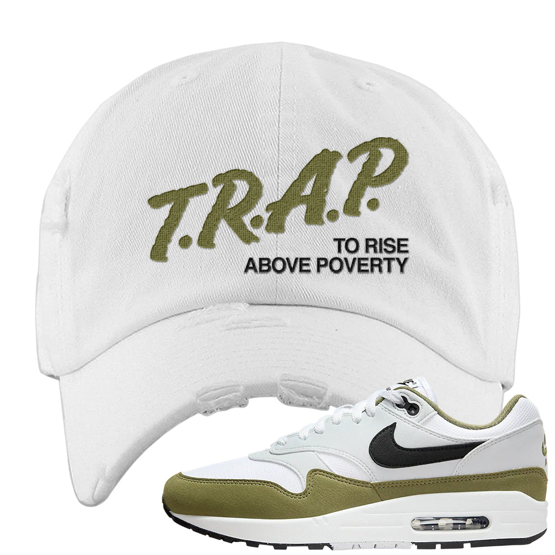 Medium Olive 1s Distressed Dad Hat | Trap To Rise Above Poverty, White