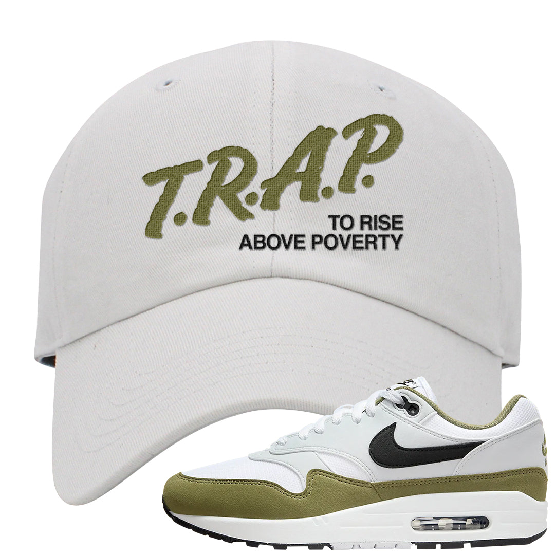 Medium Olive 1s Dad Hat | Trap To Rise Above Poverty, White