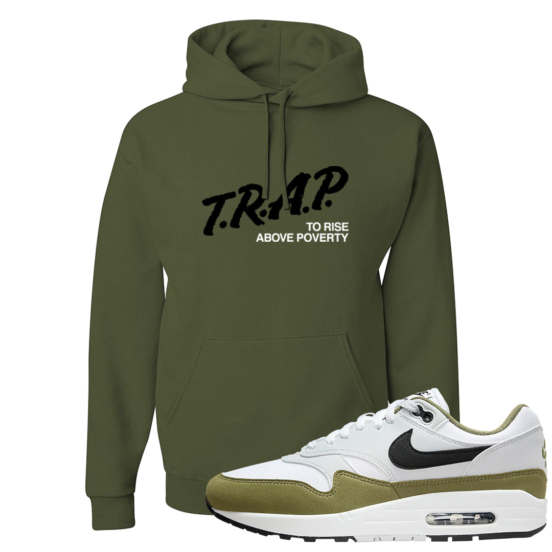 Medium Olive 1s Hoodie | Trap To Rise Above Poverty, Military Green
