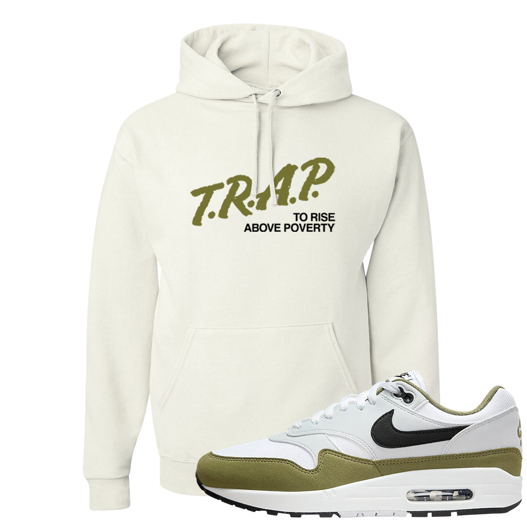 Medium Olive 1s Hoodie | Trap To Rise Above Poverty, White