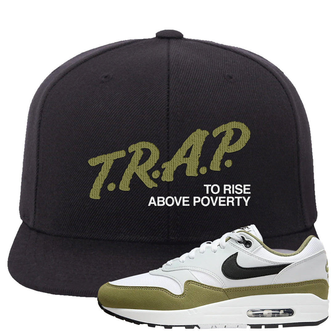 Medium Olive 1s Snapback Hat | Trap To Rise Above Poverty, Black