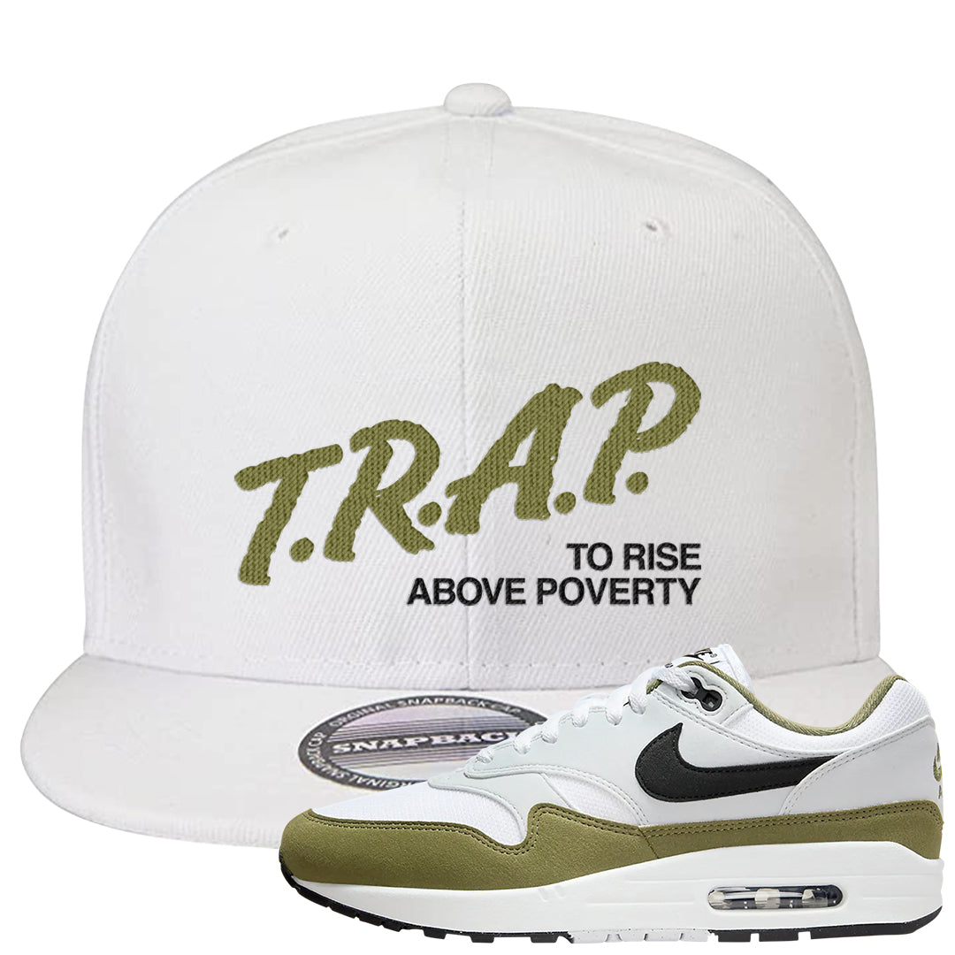 Medium Olive 1s Snapback Hat | Trap To Rise Above Poverty, White