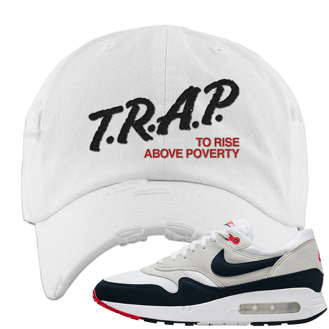 Obsidian 1s Distressed Dad Hat | Trap To Rise Above Poverty, White