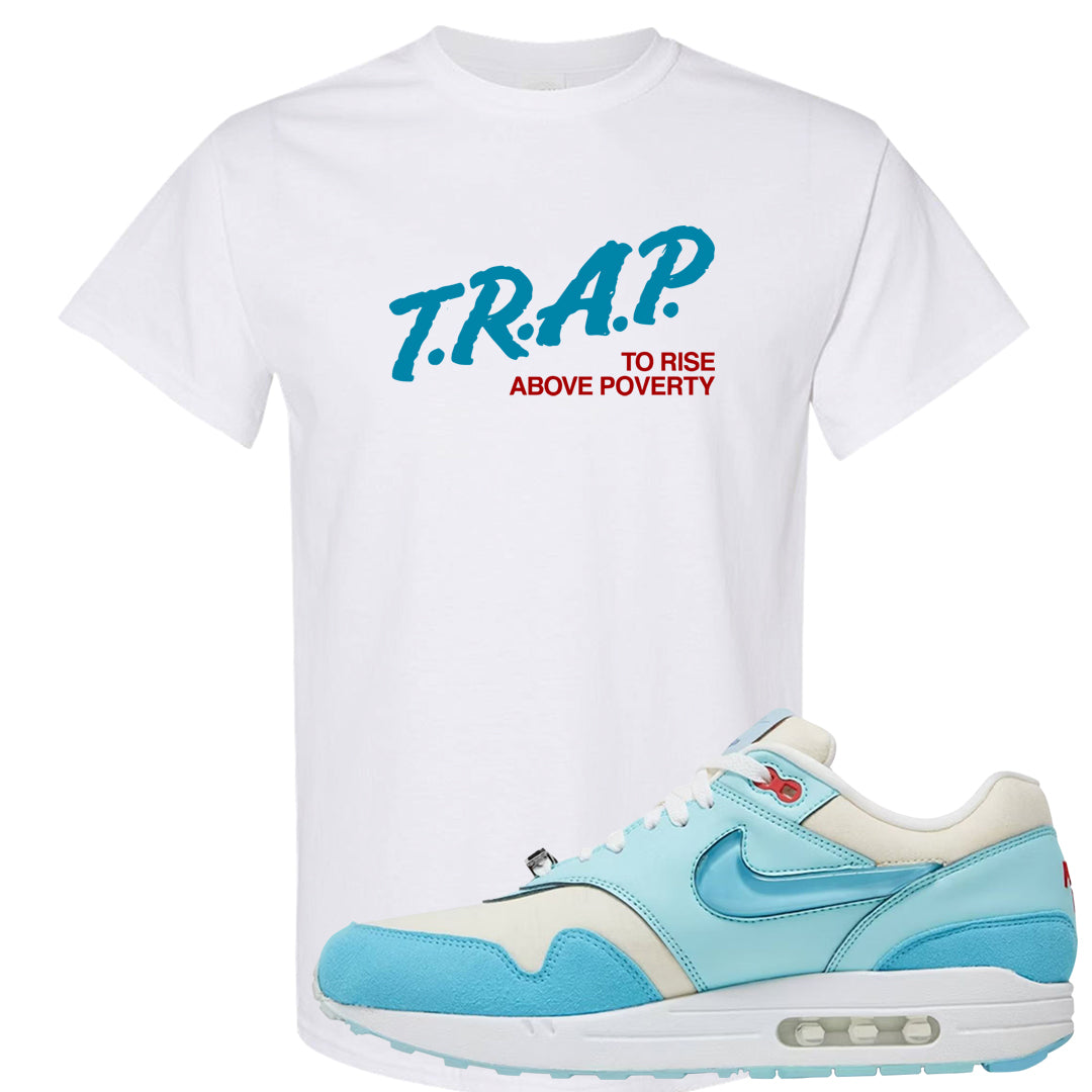 Puerto Rico Blue Gale 1s T Shirt | Trap To Rise Above Poverty, White