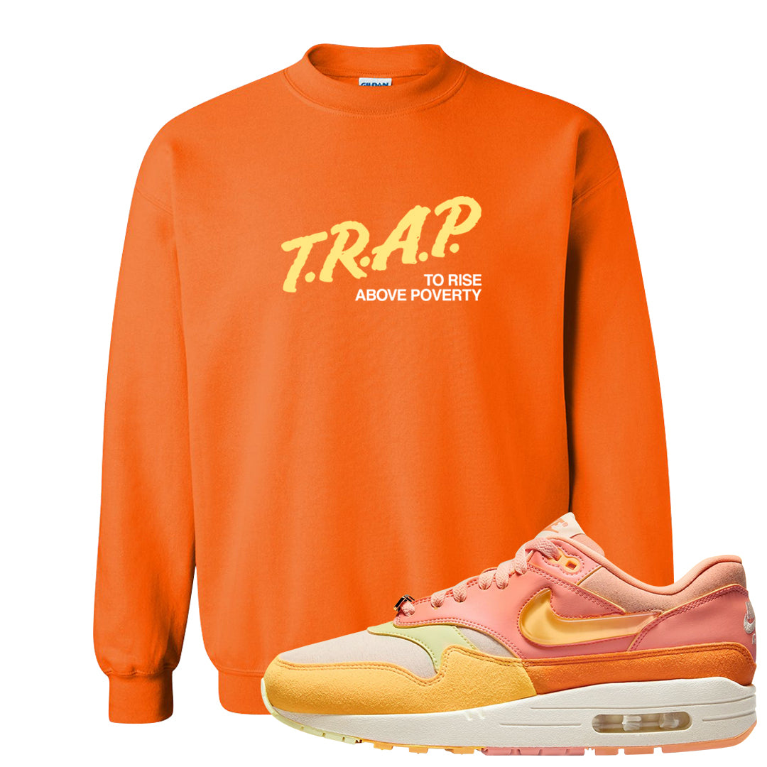 Puerto Rico Orange Frost 1s Crewneck Sweatshirt | Trap To Rise Above Poverty, Safety Orange