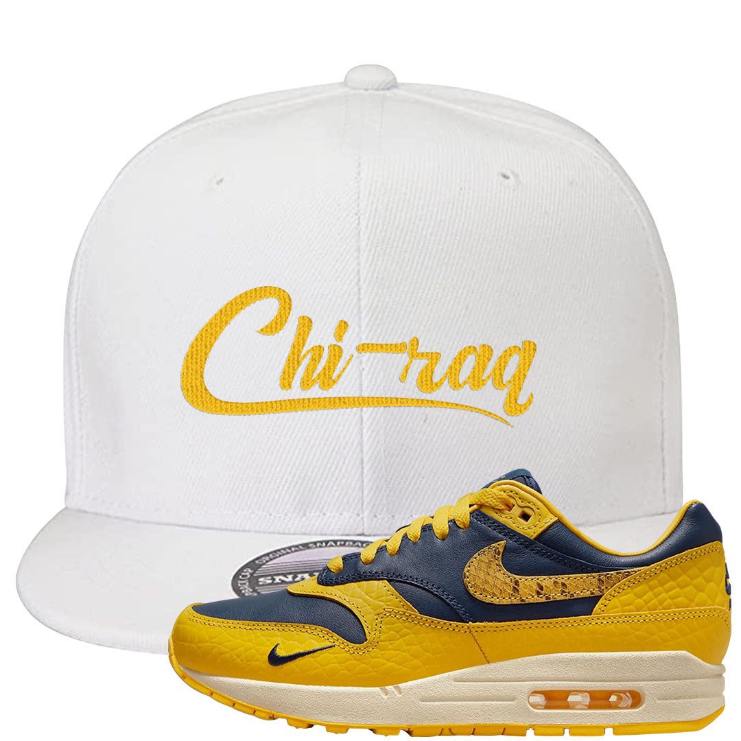 Tokyo Yellow Snakeskin 1s Snapback Hat | Chiraq, White