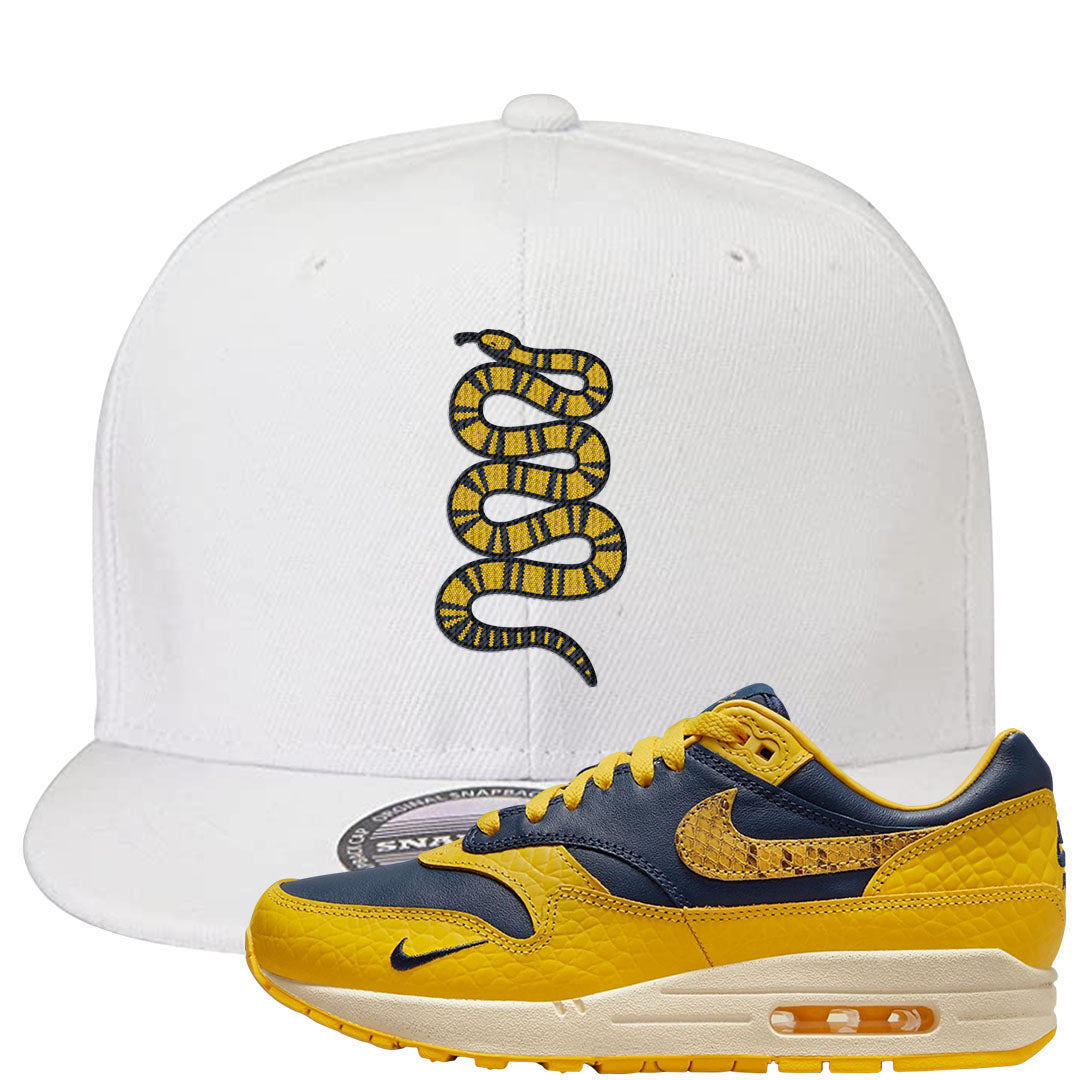 Tokyo Yellow Snakeskin 1s Snapback Hat | Coiled Snake, White