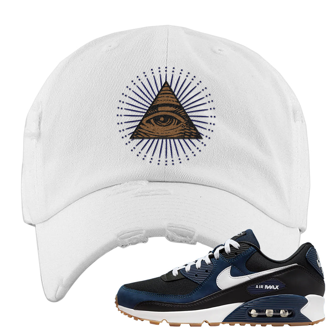 Midnight Navy 90s Distressed Dad Hat | All Seeing Eye, White