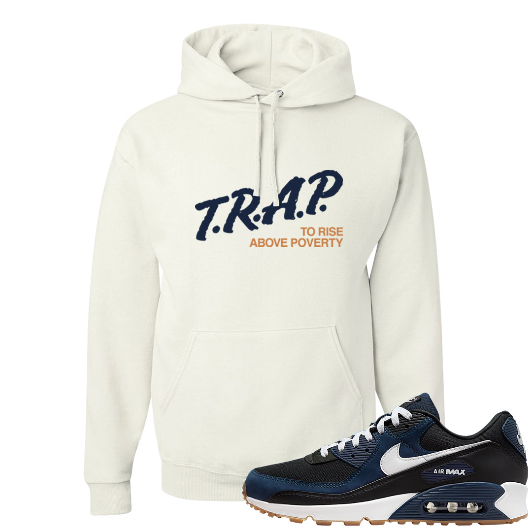 Midnight Navy 90s Hoodie | Trap To Rise Above Poverty, White