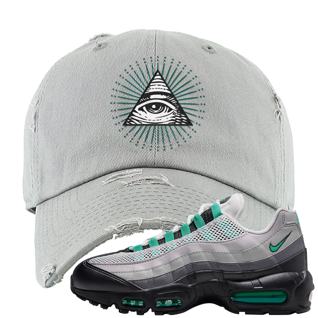 Stadium Green 95s Distressed Dad Hat | All Seeing Eye, Light Gray