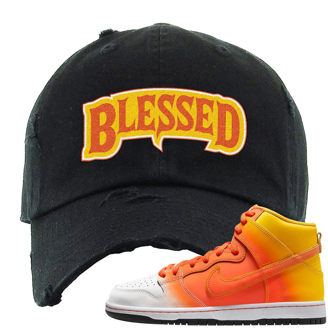 Candy Corn High Dunks Distressed Dad Hat | Blessed Arch, Black