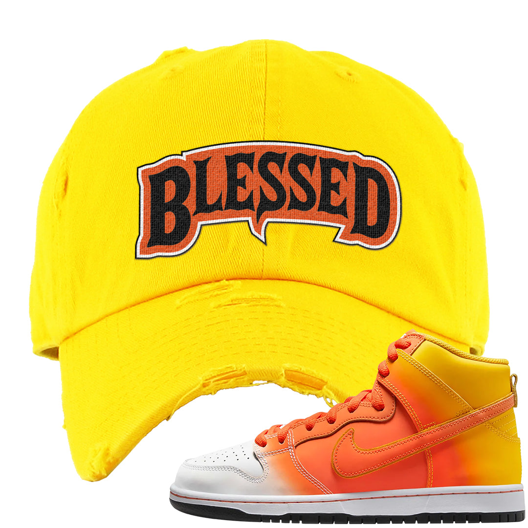 Candy Corn High Dunks Distressed Dad Hat | Blessed Arch, Yellow
