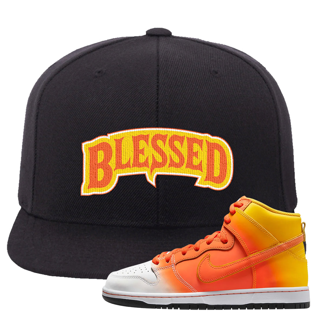 Candy Corn High Dunks Snapback Hat | Blessed Arch, Black