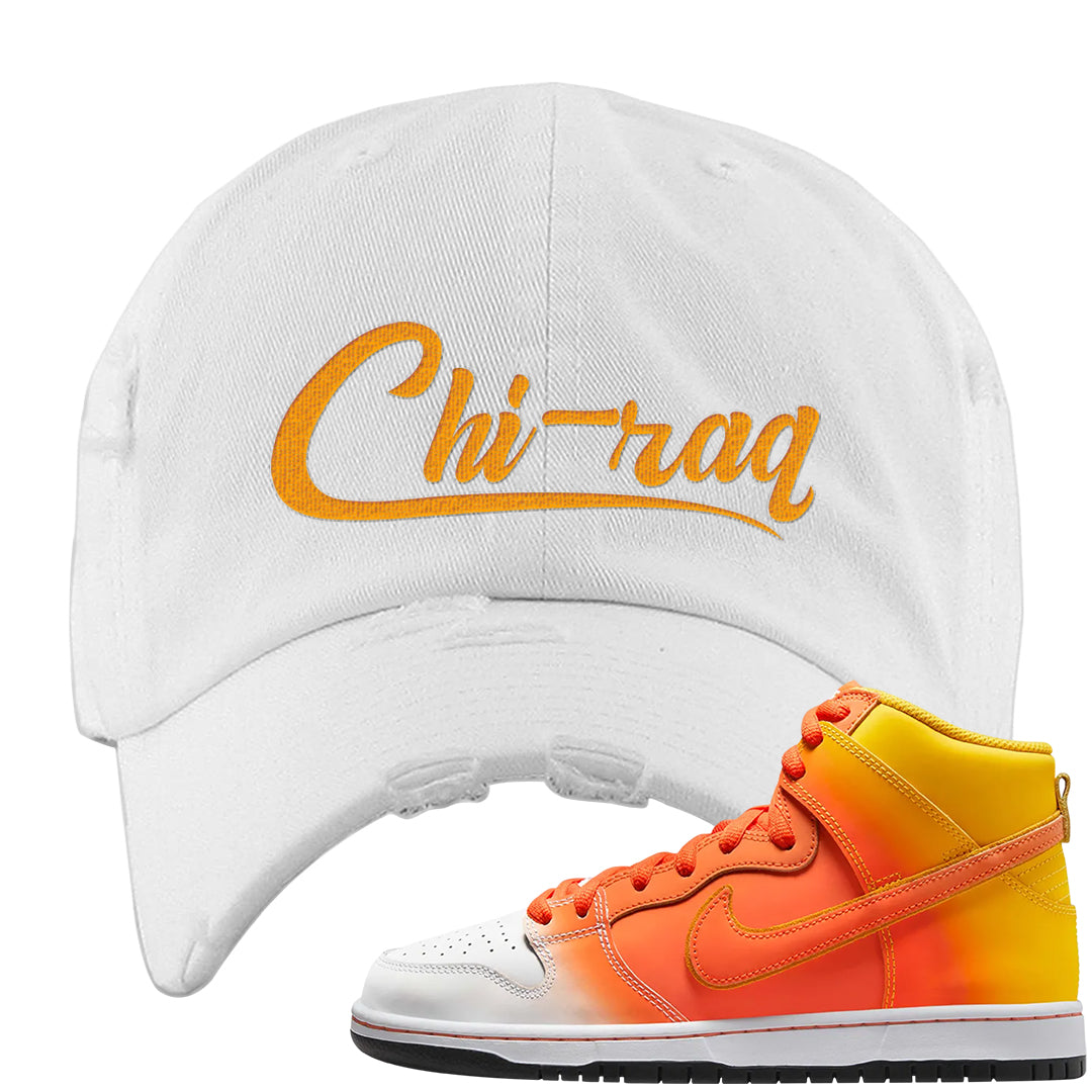 Candy Corn High Dunks Distressed Dad Hat | Chiraq, White