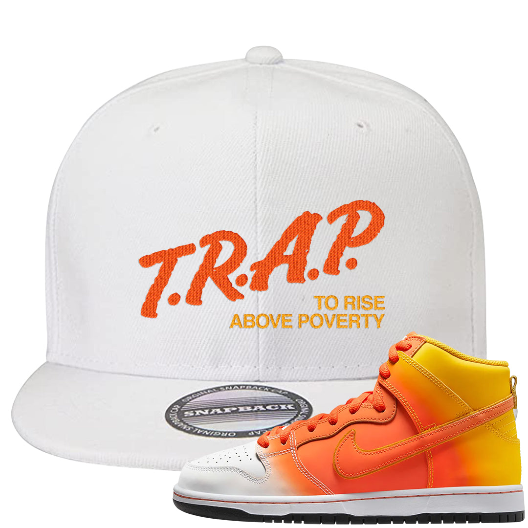 Candy Corn High Dunks Snapback Hat | Trap To Rise Above Poverty, White