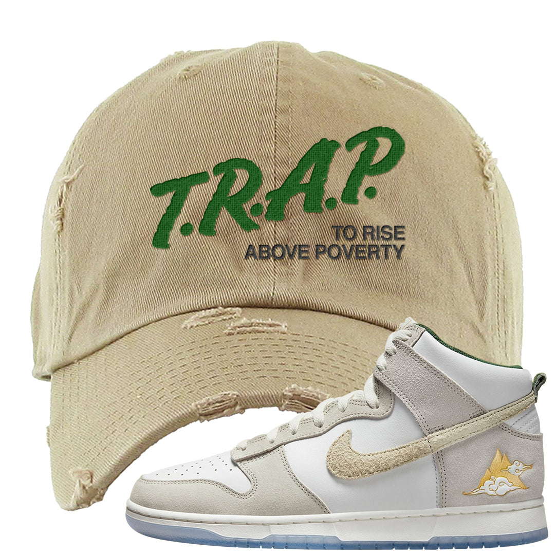 Lunar New Year High Dunks Distressed Dad Hat | Trap To Rise Above Poverty, Khaki
