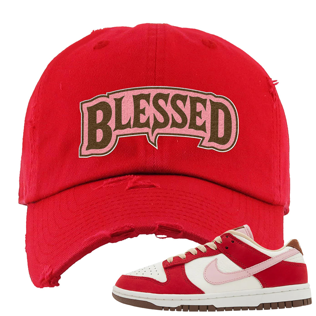 Bacon Low Dunks Distressed Dad Hat | Blessed Arch, Red