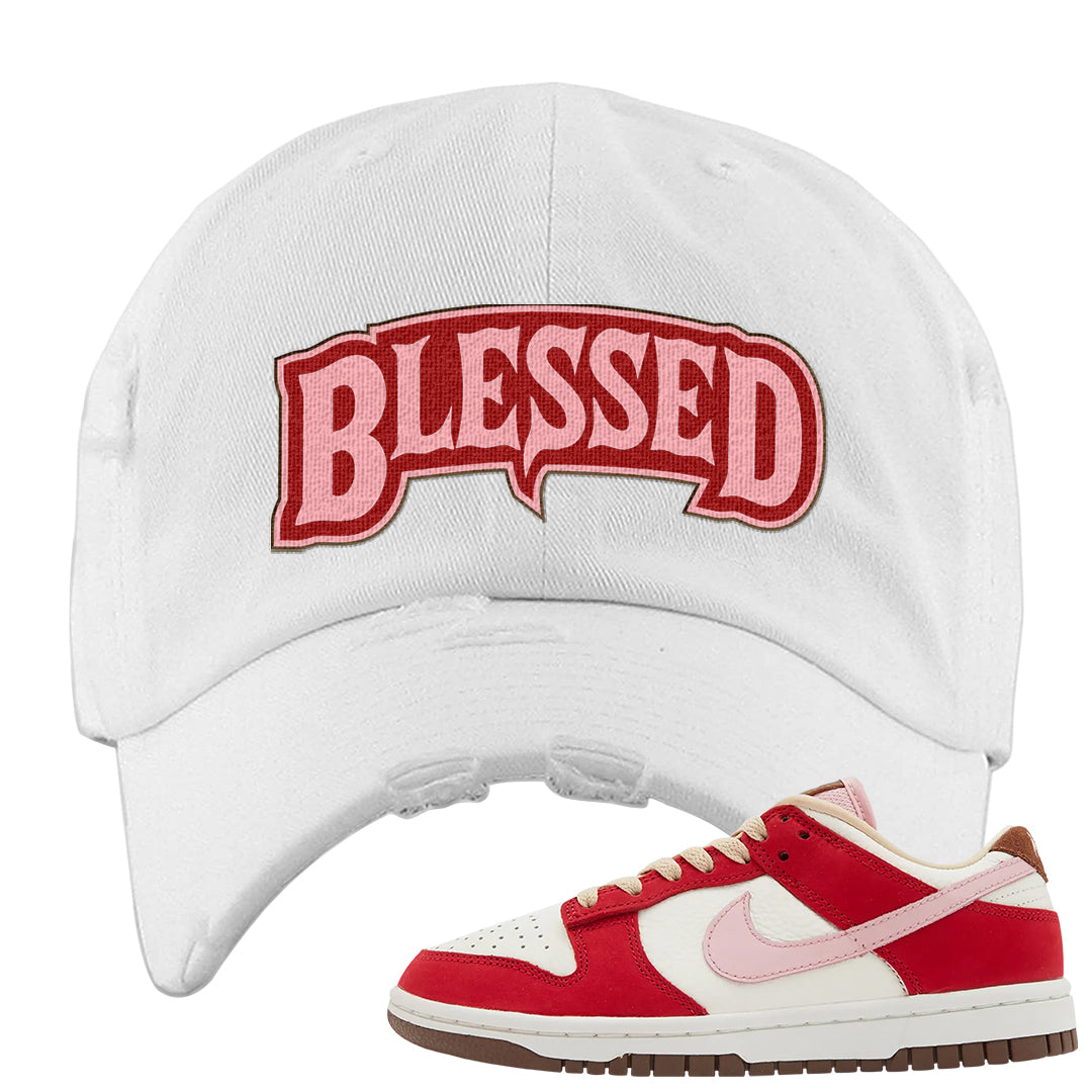 Bacon Low Dunks Distressed Dad Hat | Blessed Arch, White